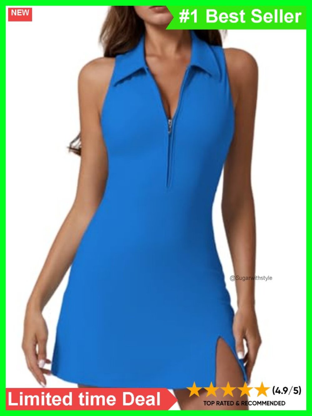 Zip Front Tennis Dress with Built-in Shorts and Pockets